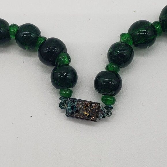 Vintage Glass Beaded Dark Green Choker Necklace and Multicoloured Charm Bracelet - Picture 3 of 10